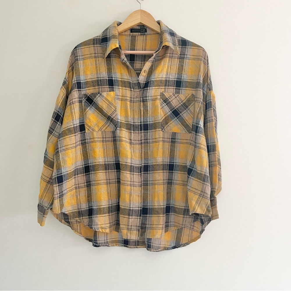 Dazy Oversized Boyfriend Style Flannel Plaid Button Down Women’s Yellow Blue S